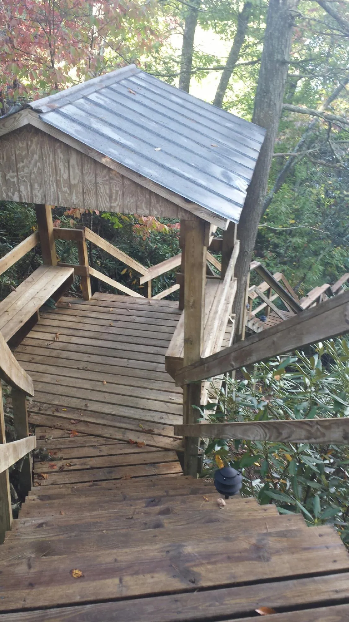 Metal roofed shelter over wooden steps on a wooded walkway — Skylight Repair & Installation work by our crew in Rodessa